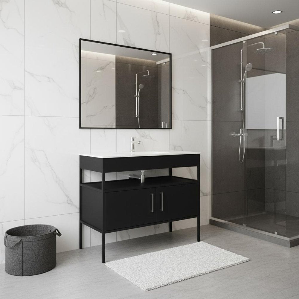 25" Black Wood Recessed Double Door Over-the-Toilet Storage