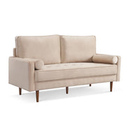 69" Beige Velvet Sofa And Toss Pillows With Dark Brown Legs