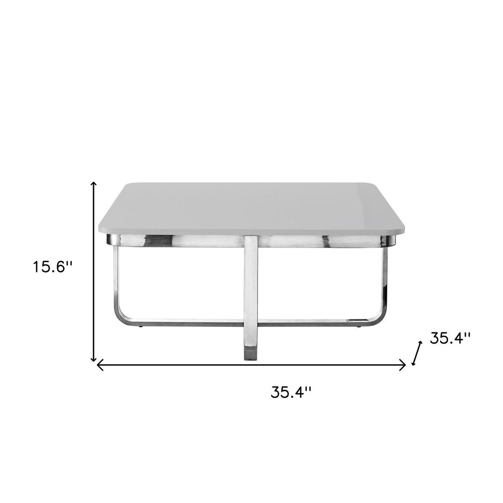 35" Light Gray And Silver Metallic Wood And Stainless Steel Square Coffee Table