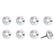 Set of Eight Light Pink And White Ceramic And Metal Floral Drawer Pull Knobs