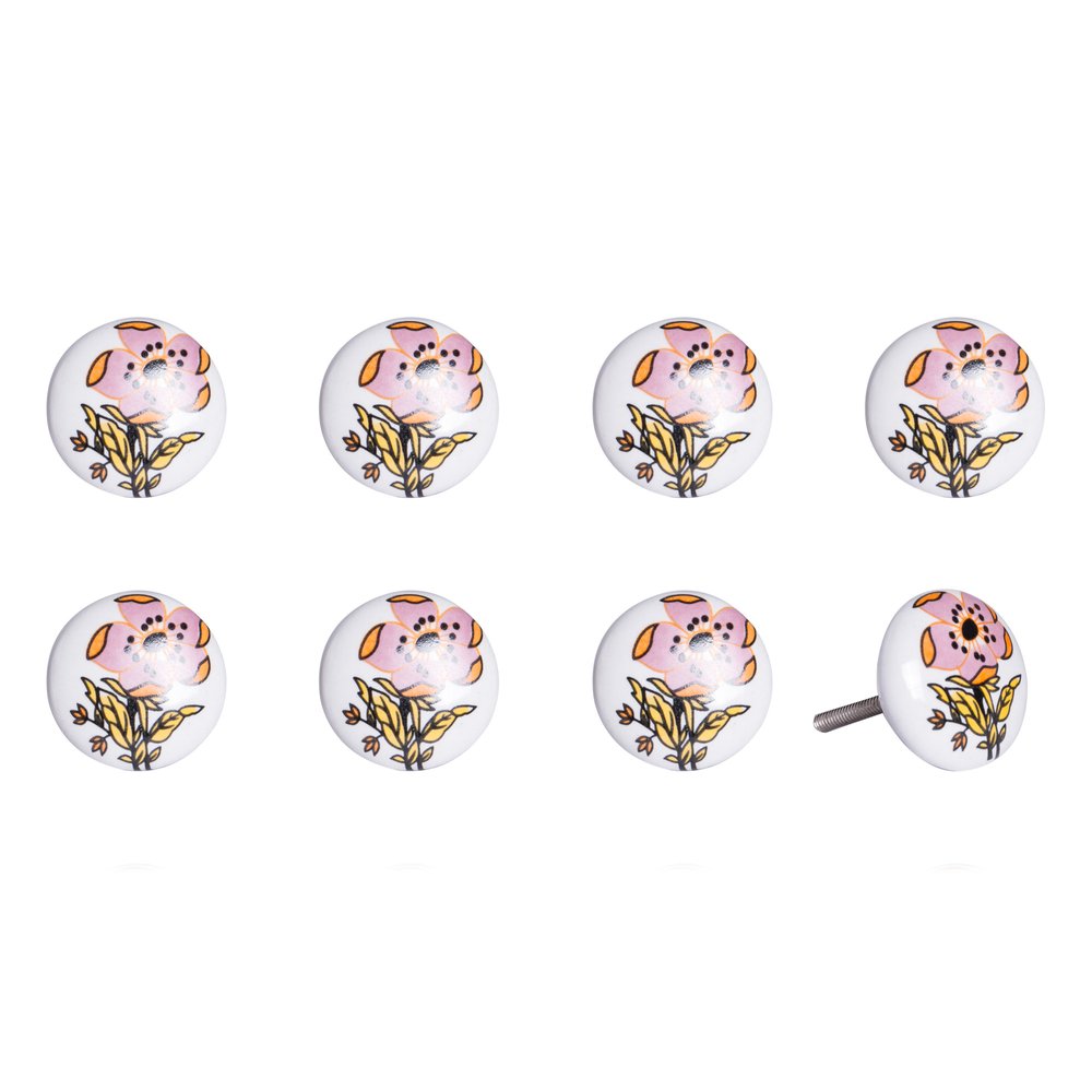 Set of Eight Yellow And White Ceramic And Metal Drawer Pull Knobs