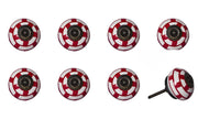 Set of Eight White And Red Ceramic And Metal Drawer Pull Knobs