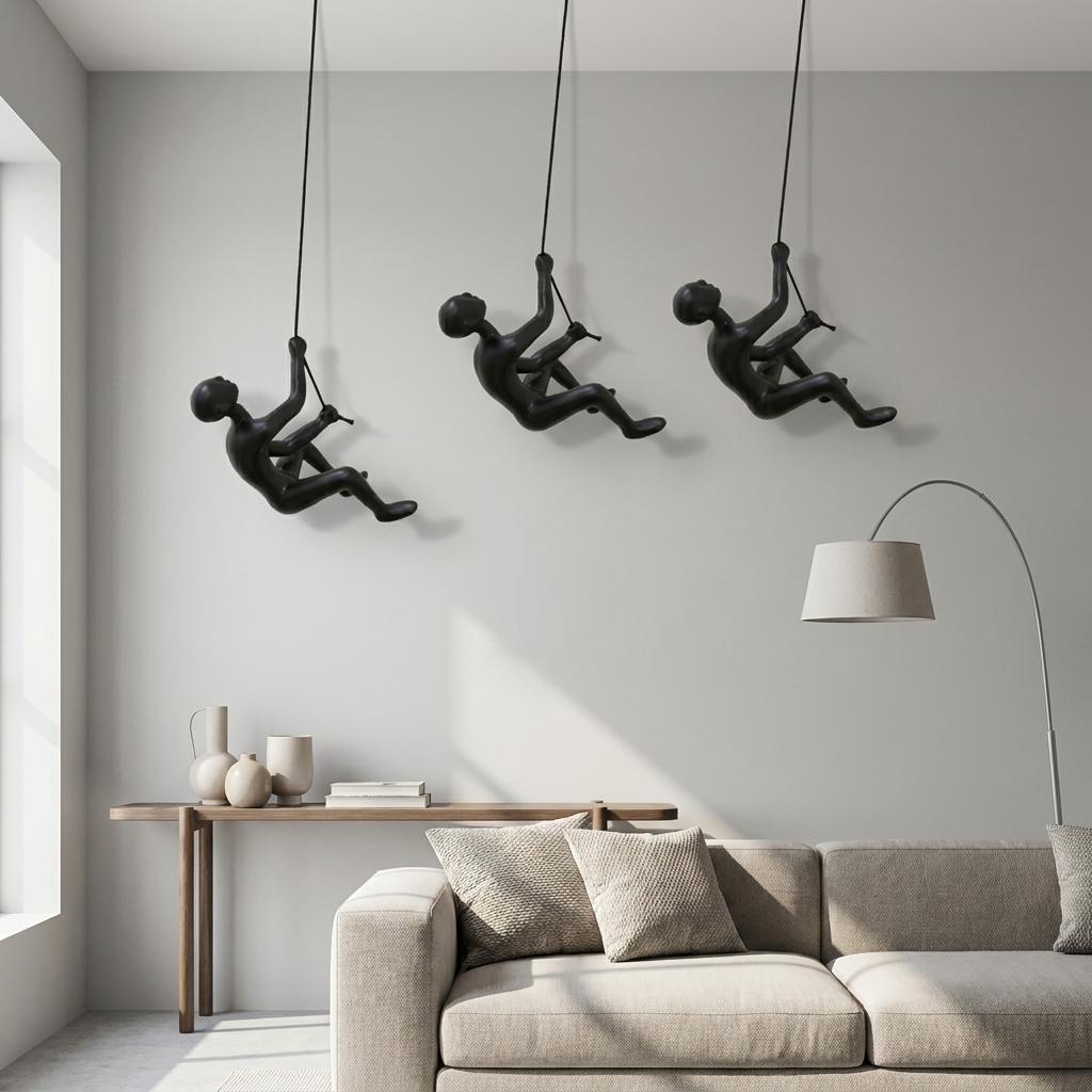 Set of Two Silver Resin Climbing Man Hanging Dimensional Sculpture