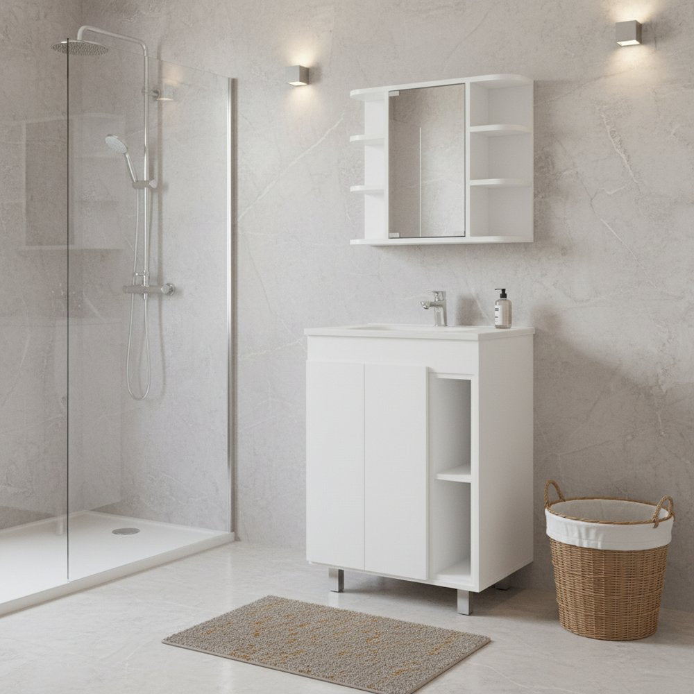 24" White Wood Freestanding Bathroom Vanity With Sink And Medicine Cabinet With Mirror