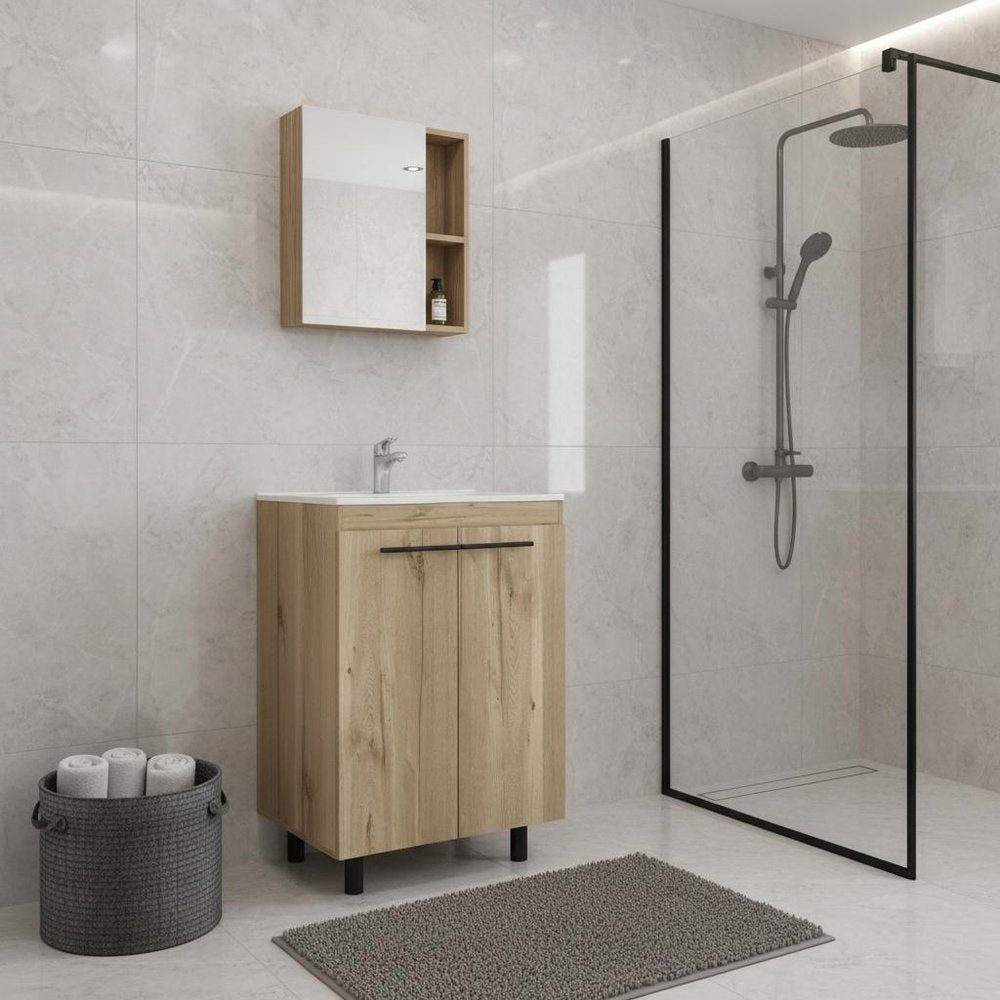18" Natural Wood Freestanding Bathroom Vanity With White Sink And Medicine Cabinet With Mirror