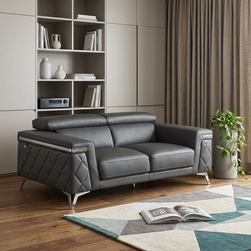 70" Dark Gray And Silver Metallic Leather Loveseat