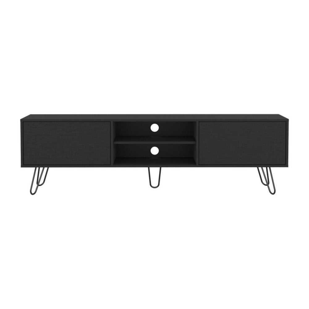 71" Black Wood Enclosed And Open Storage TV Stand