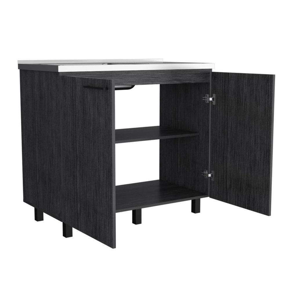 35" X 39" Dark Gray And Silver Stainless Steel and Wood Utility Cabinet With Sink