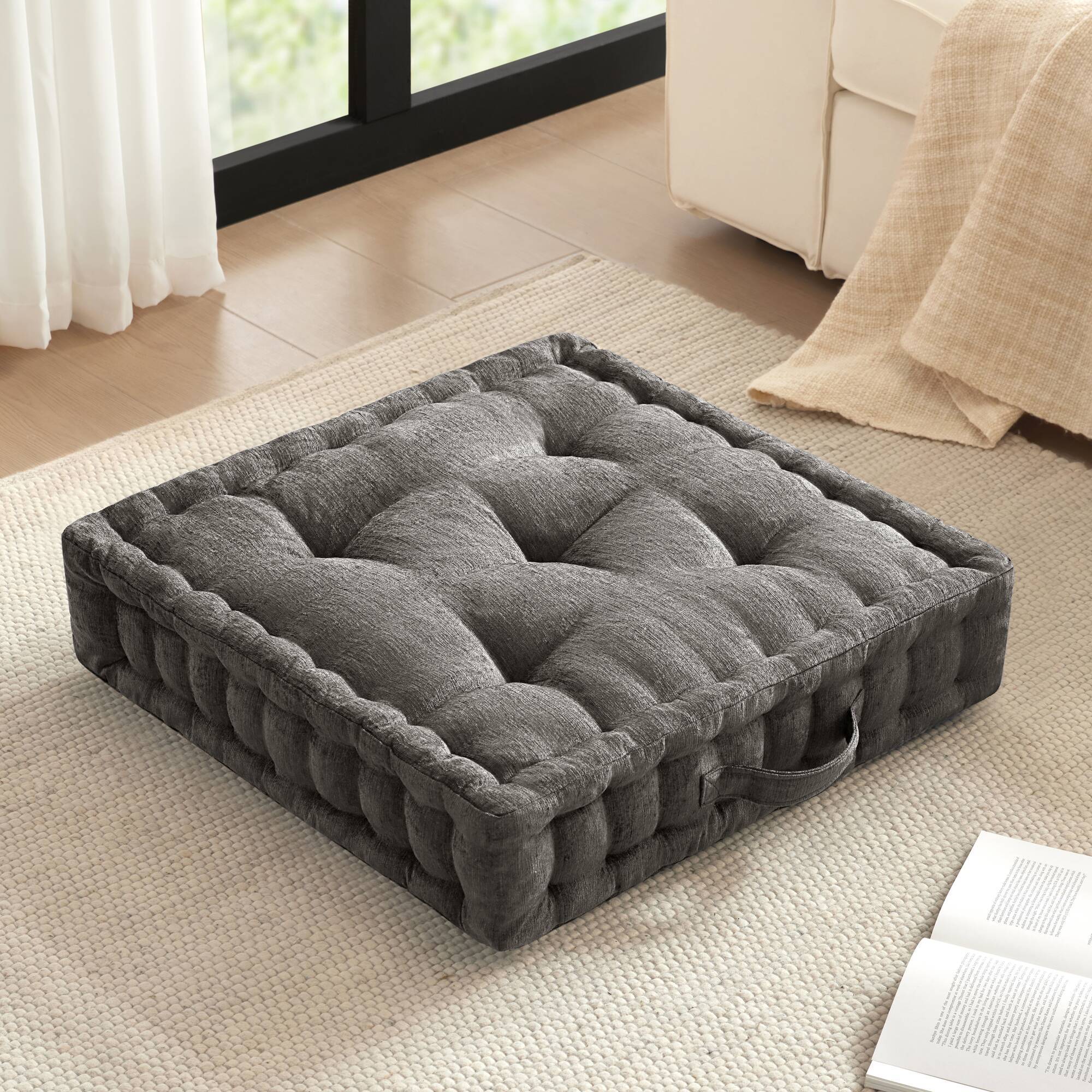Azza - Poly Chenille Square Floor Pillow Cushion - Charcoal