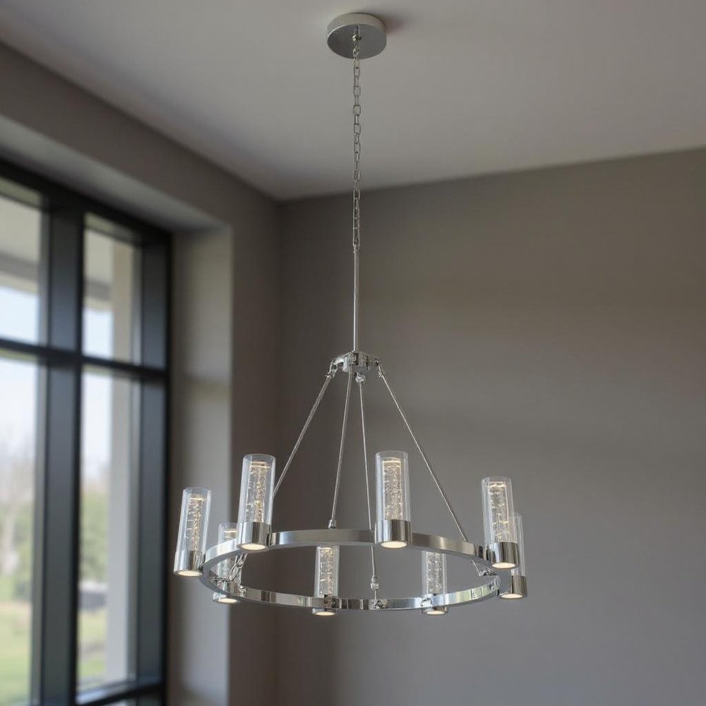 Silver And Clear Candle Style Eight Light Metal Dimmable Smart Enabled Chandelier With Clear Shades