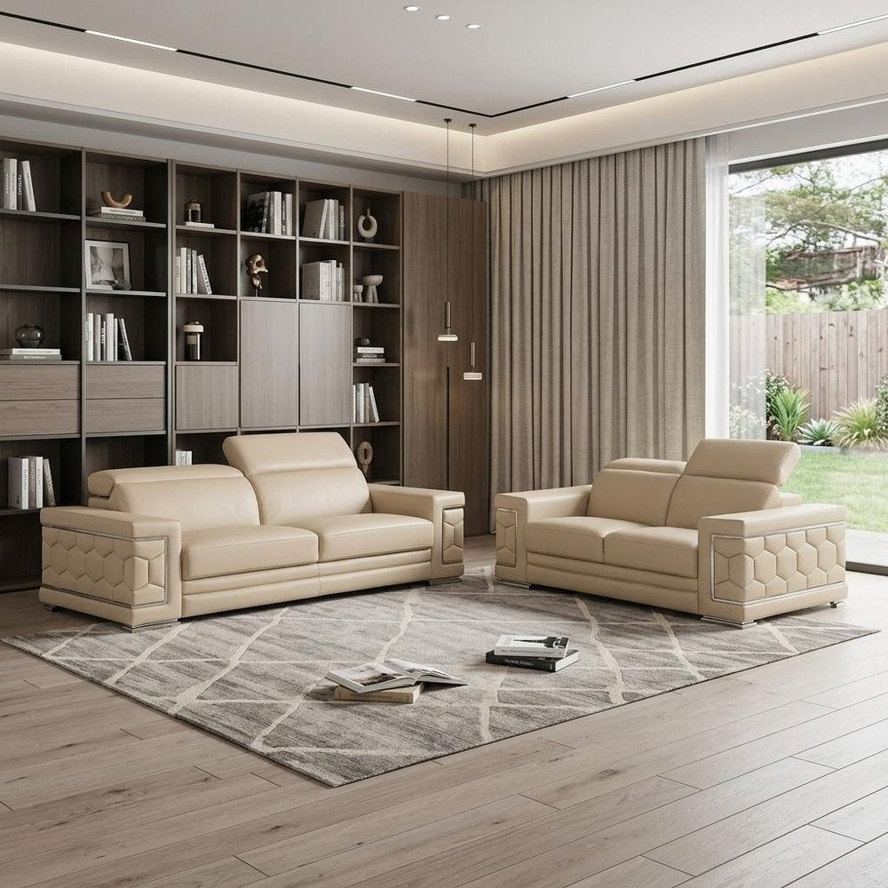 Two Piece Beige Genuine Leather Five Person Seating Set