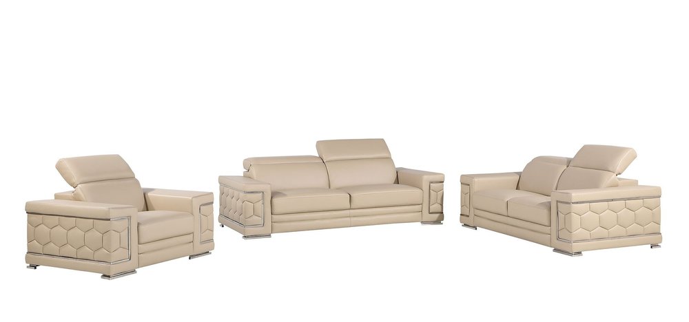 Three Piece Beige Genuine Leather Six Person Seating Set