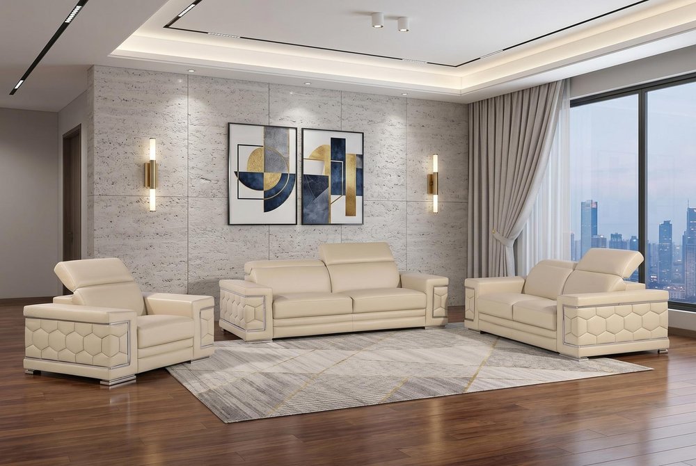 Three Piece Beige Genuine Leather Six Person Seating Set