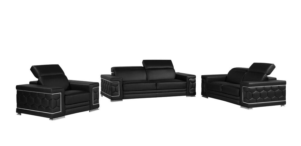 Three Piece Black Genuine Leather Six Person Seating Set