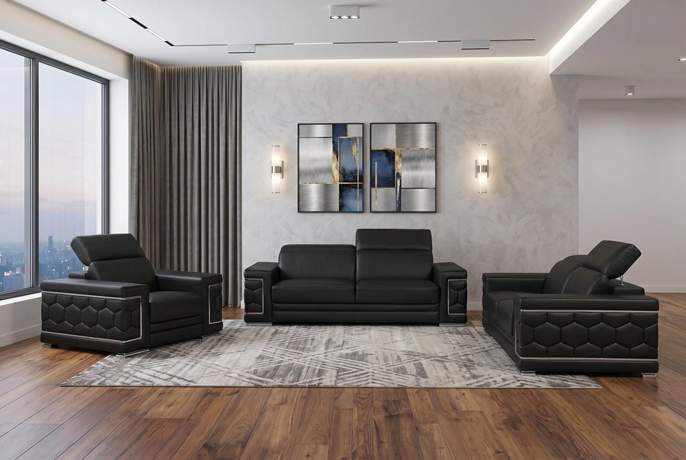 Three Piece Black Genuine Leather Six Person Seating Set