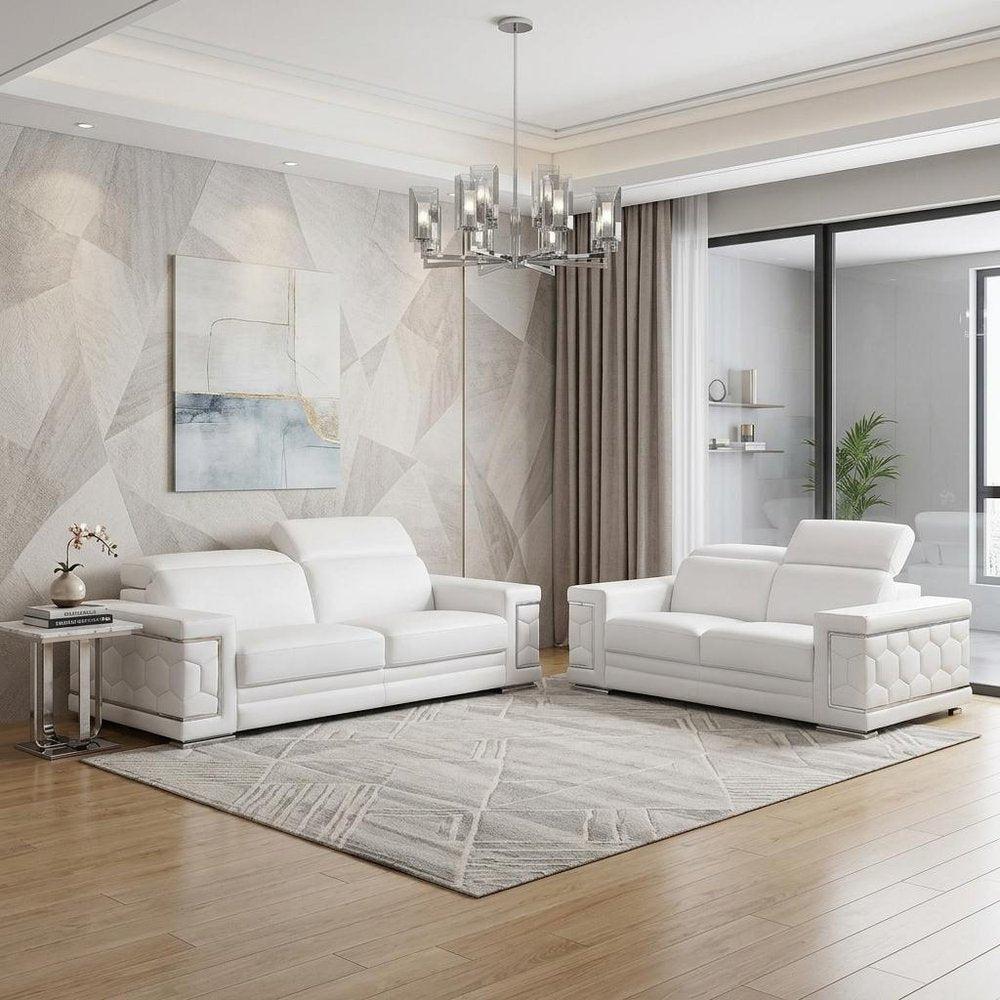 Two Piece White Genuine Leather Five Person Seating Set