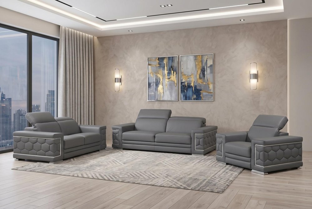 Three Piece Gray Genuine Leather Six Person Seating Set