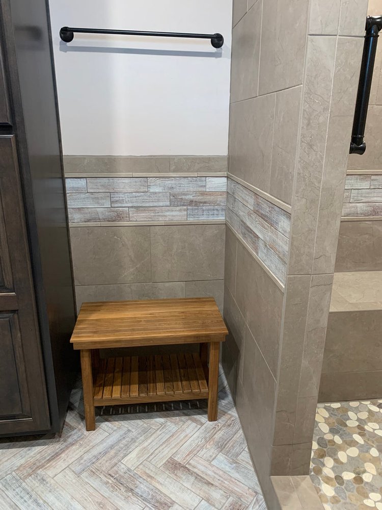 18" X 25" Brown Teak Rectangular Shower Bench With Shelf