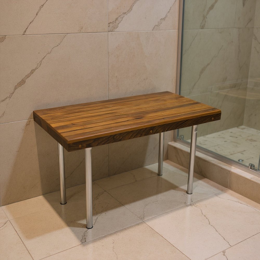 18" X 25" Brown Teak And Stainless Steel Rectangular Shower Bench