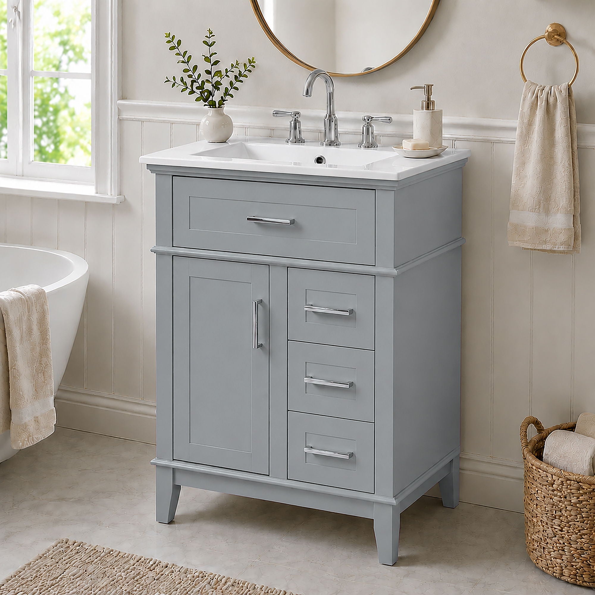 Modern Bathroom Vanity With Sink, Flip Drawer & 3 Drawers, Soft Close Hinges, Adjustable Shelf