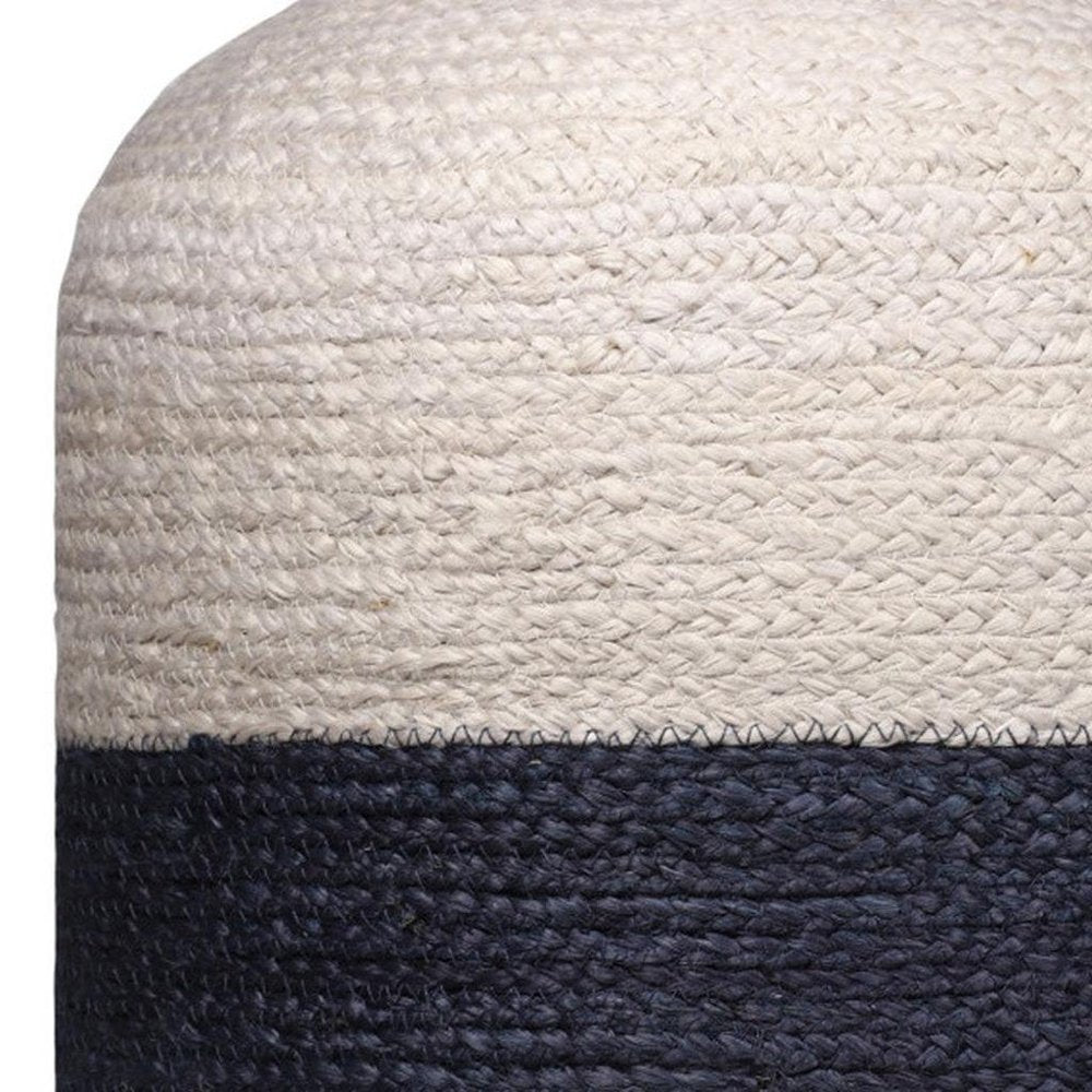 18" Off White and Navy Blue Jute Blend Striped Cylinder Pouf Ottoman