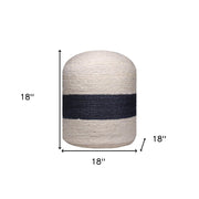 18" Off White and Navy Blue Jute Blend Striped Cylinder Pouf Ottoman