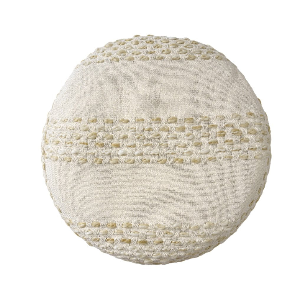 18" Ivory And Green Cotton Blend Round Striped Pouf Ottoman