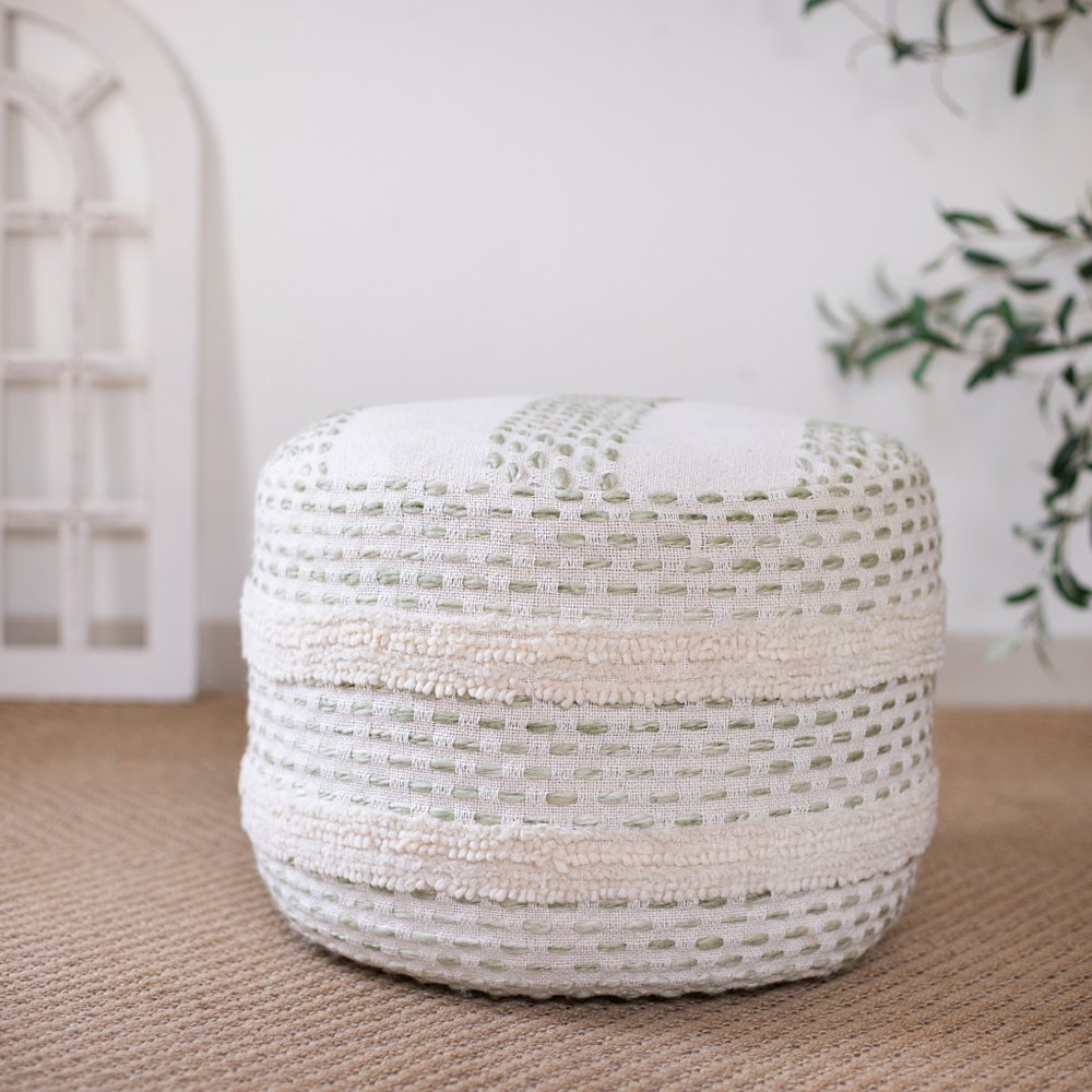 18" Ivory And Green Cotton Blend Round Striped Pouf Ottoman