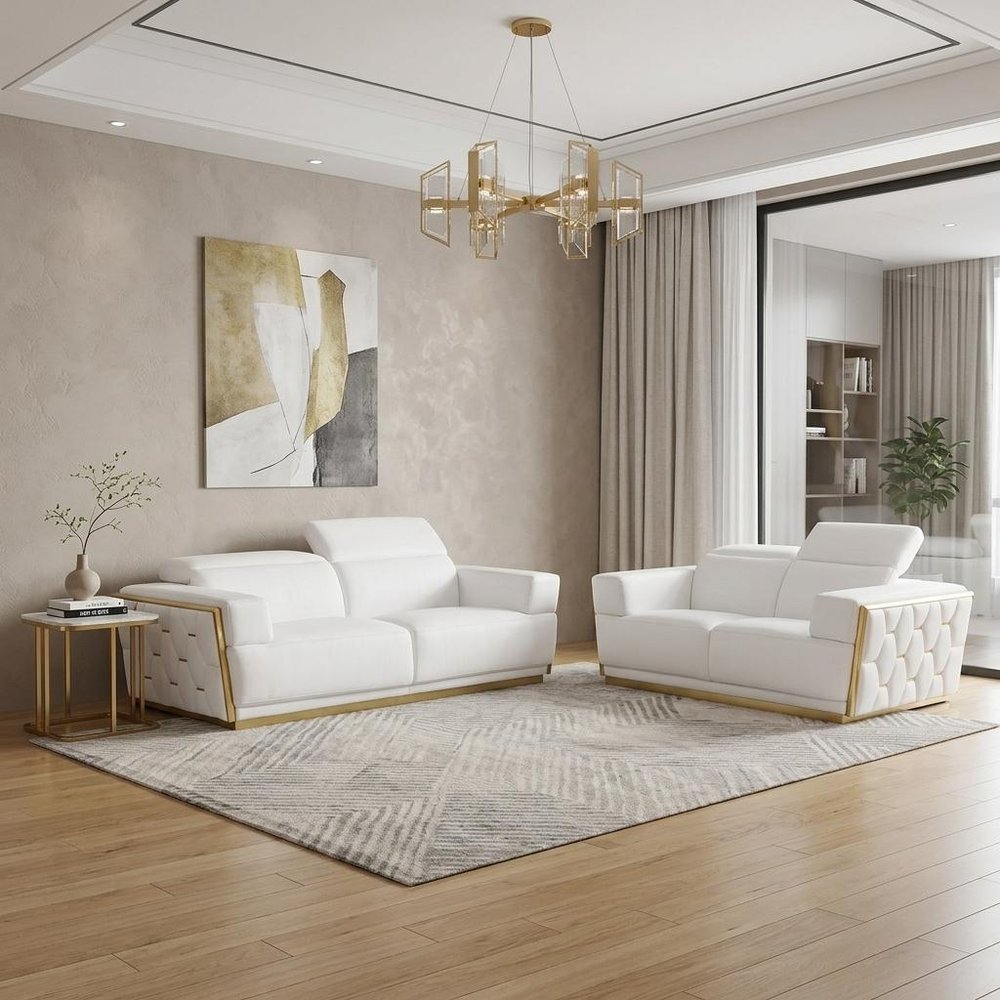 Two Piece White Italian Leather Five Person Seating Set