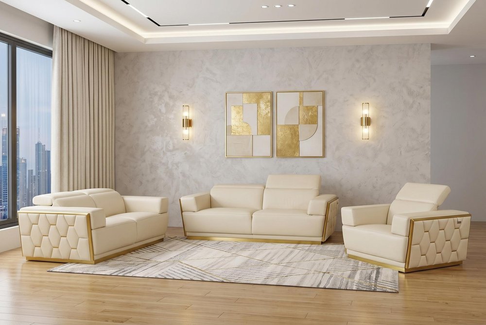Three Piece Beige Italian Leather Six Person Seating Set