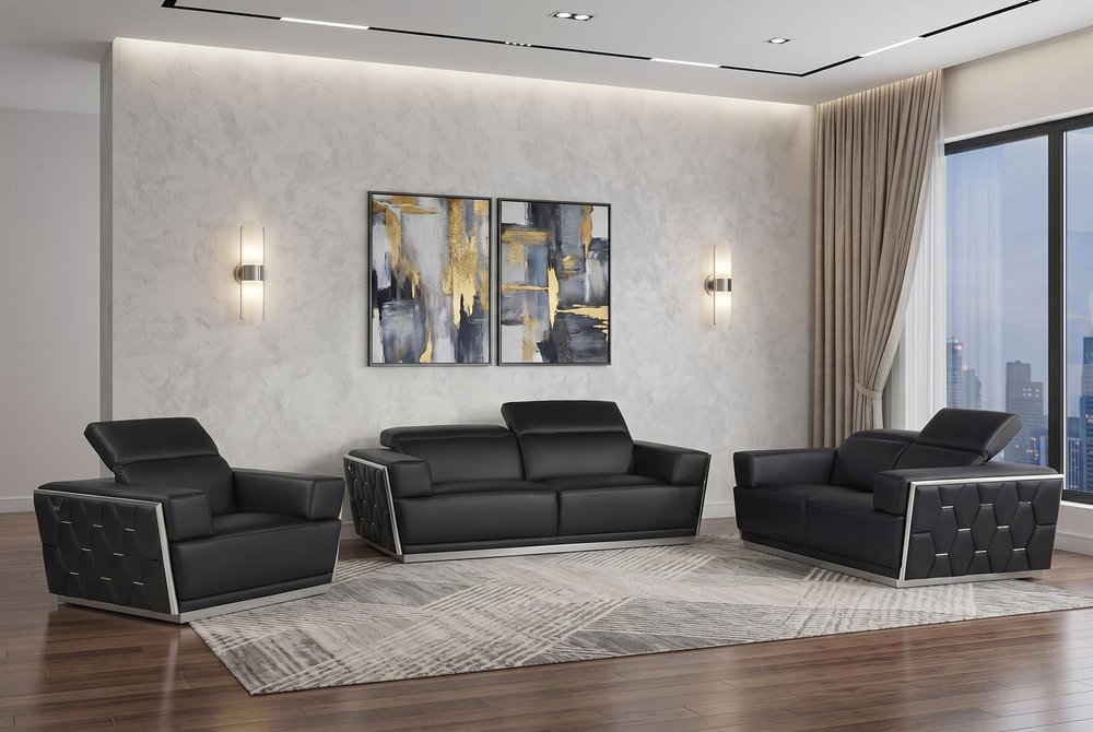 Three Piece Black Italian Leather Six Person Seating Set