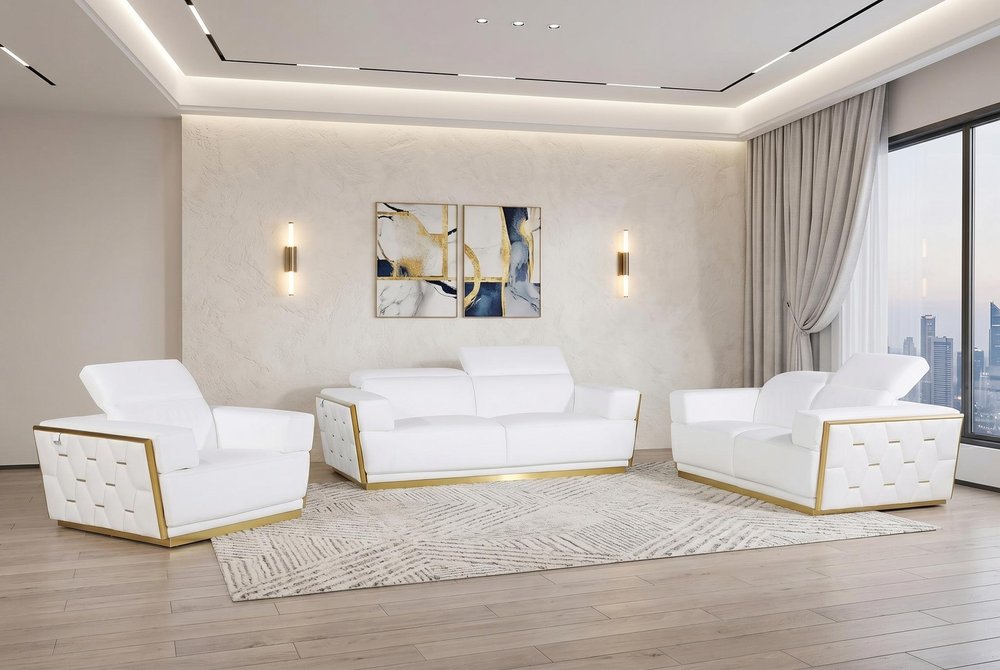 Three Piece White Italian Leather Six Person Seating Set