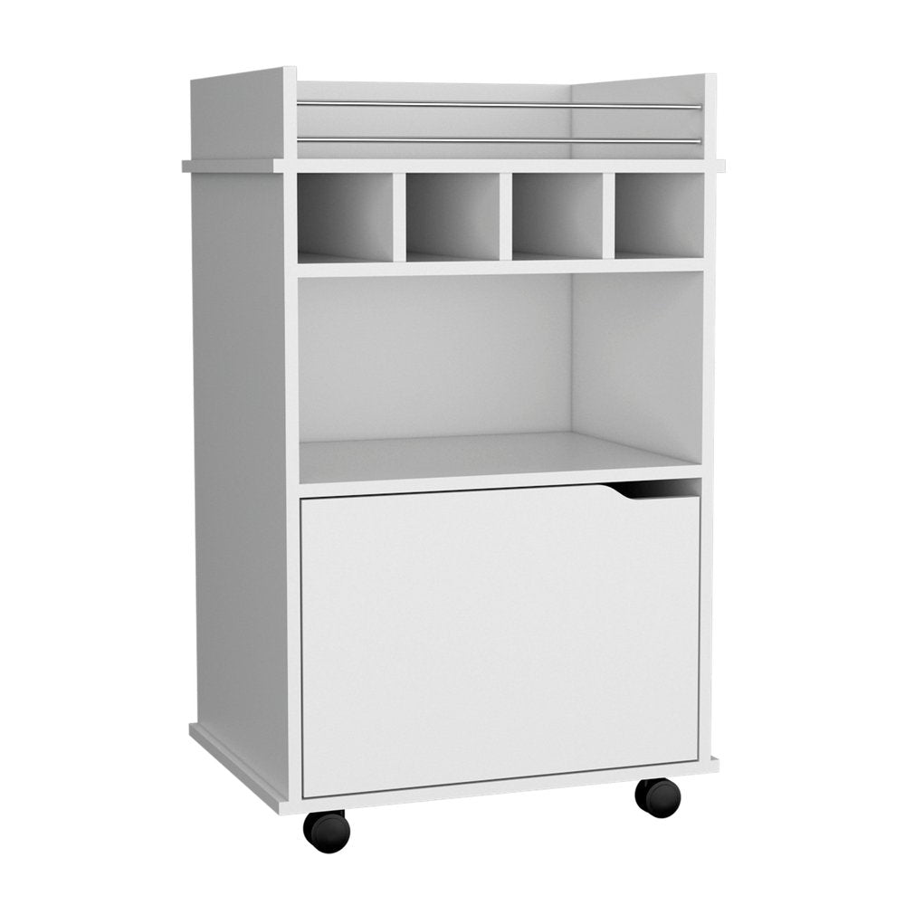 22" White Wood Rolling Bar Cart With Wine Storage