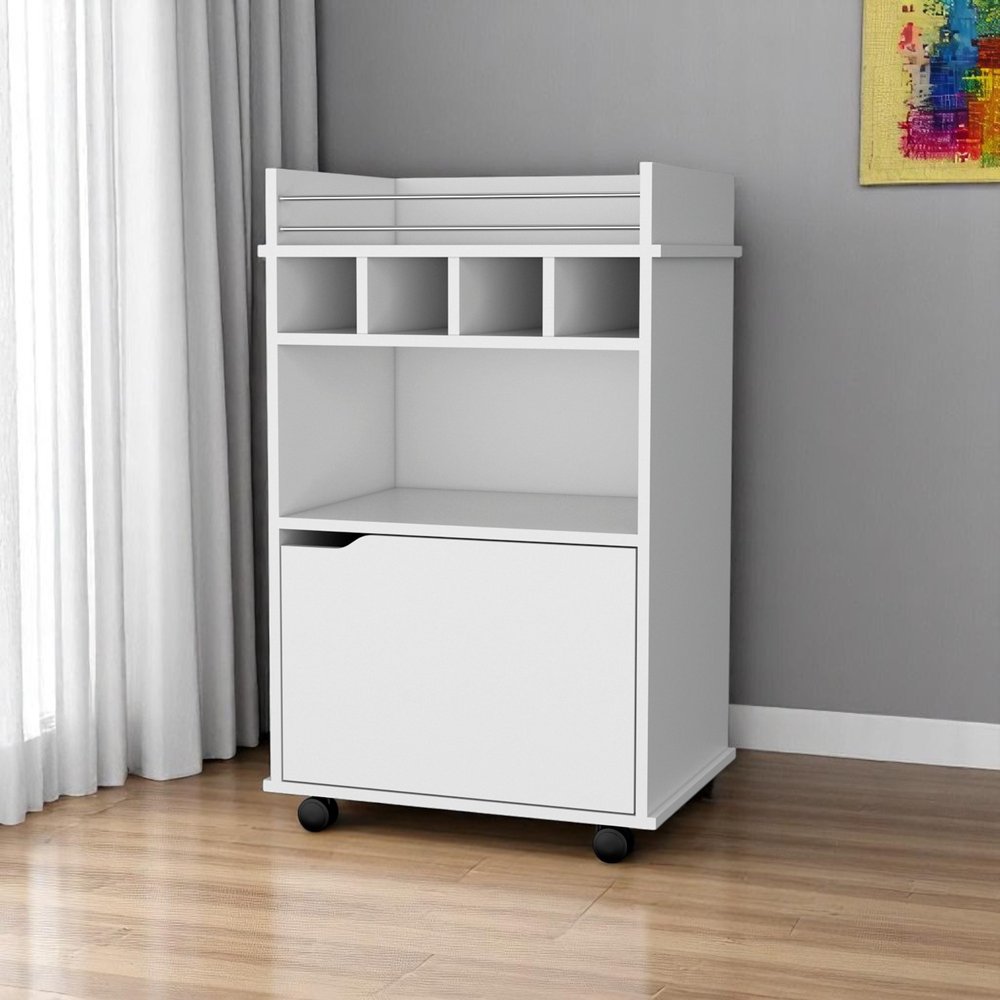 22" White Wood Rolling Bar Cart With Wine Storage