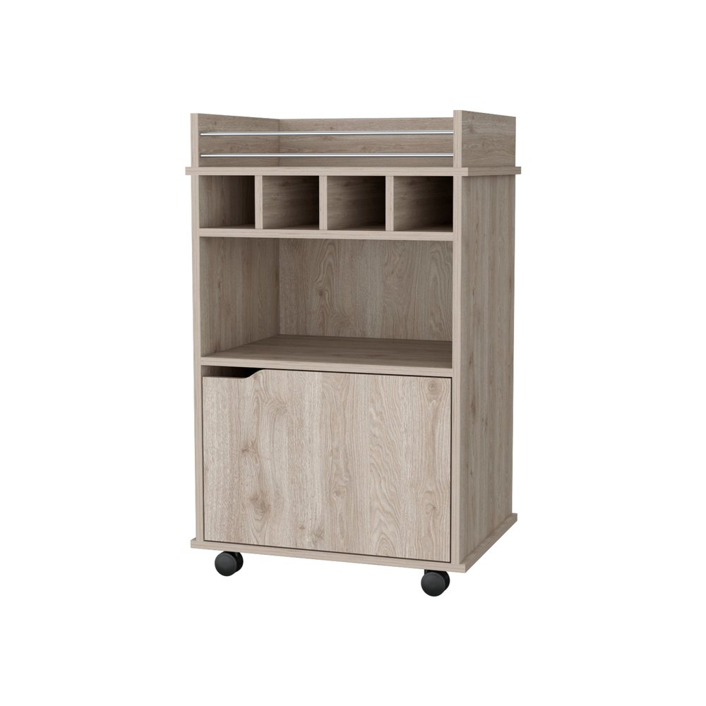 22" Oak Wood Rolling Bar Cart With Wine Storage