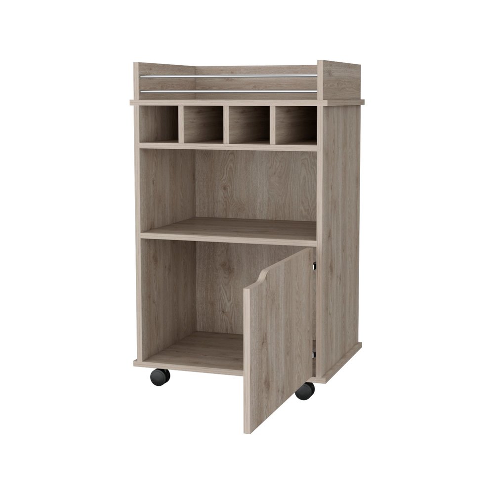 22" Oak Wood Rolling Bar Cart With Wine Storage