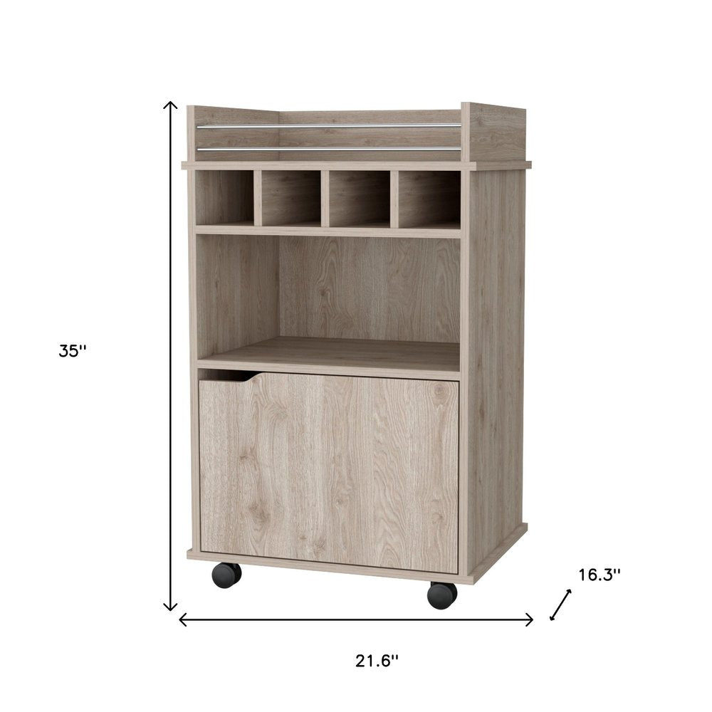 22" Oak Wood Rolling Bar Cart With Wine Storage