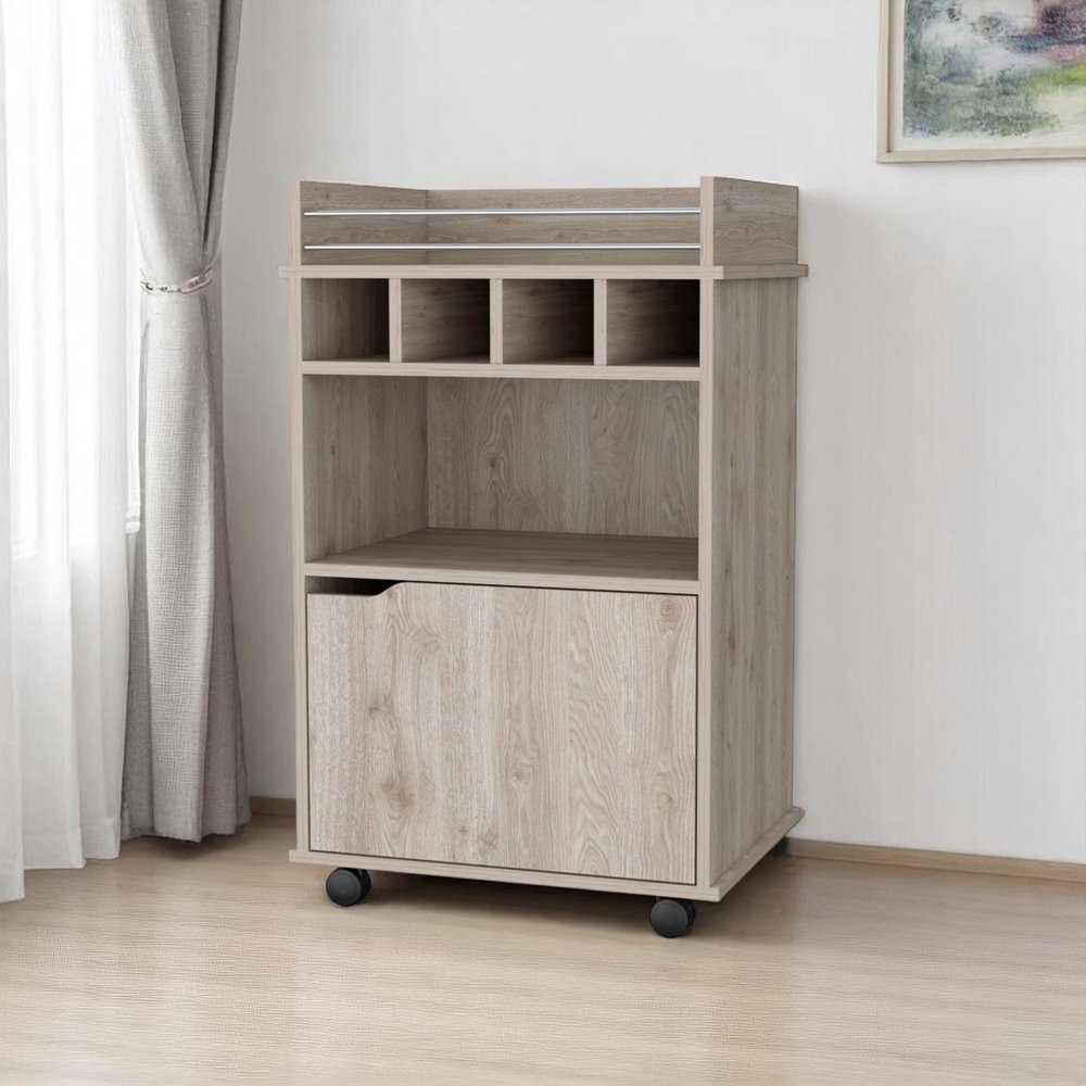22" Oak Wood Rolling Bar Cart With Wine Storage
