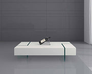 53" White And Clear Wood And Glass Sled Coffee Table