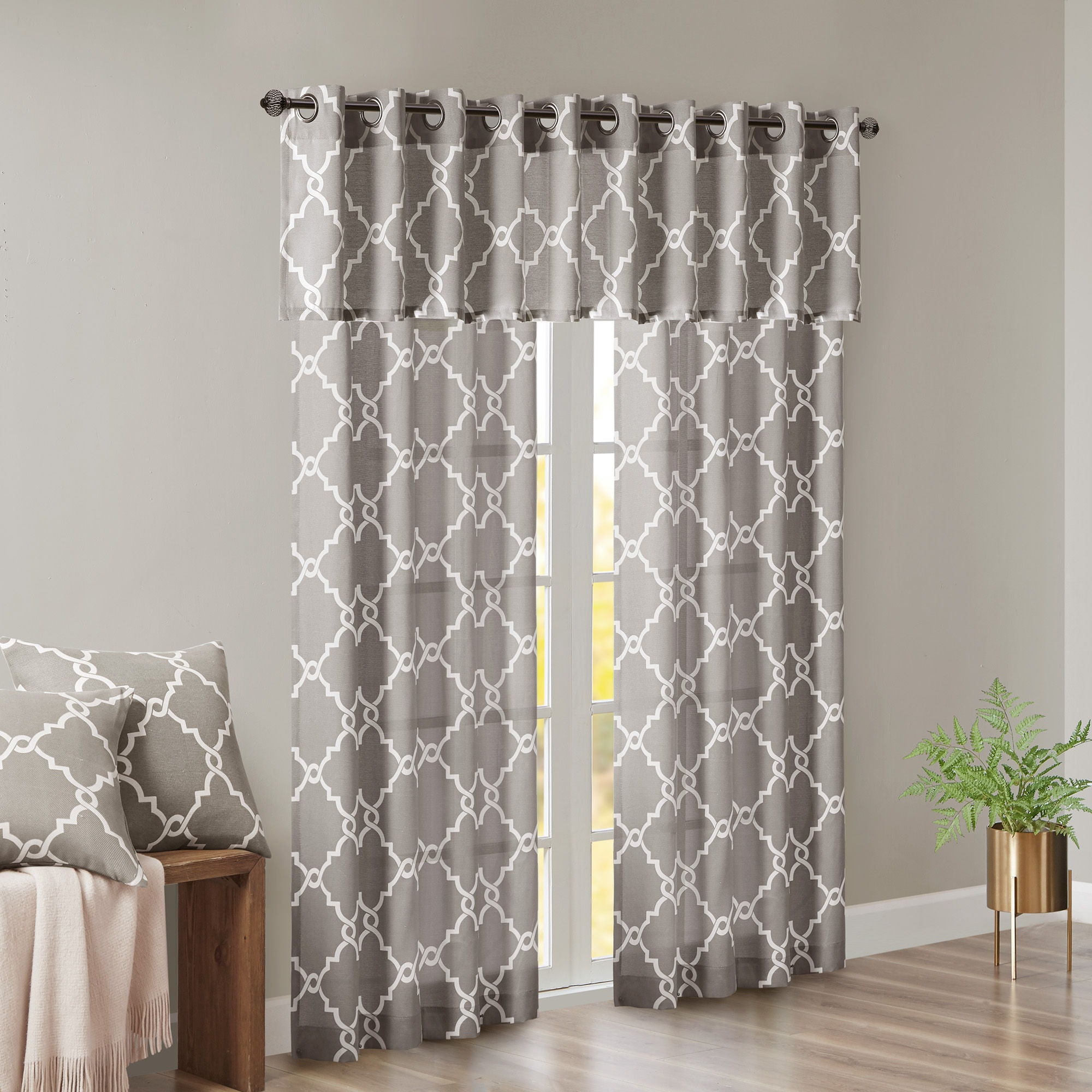 Saratoga - 108" Fretwork Print Grommet Top Window Curtain - Gray