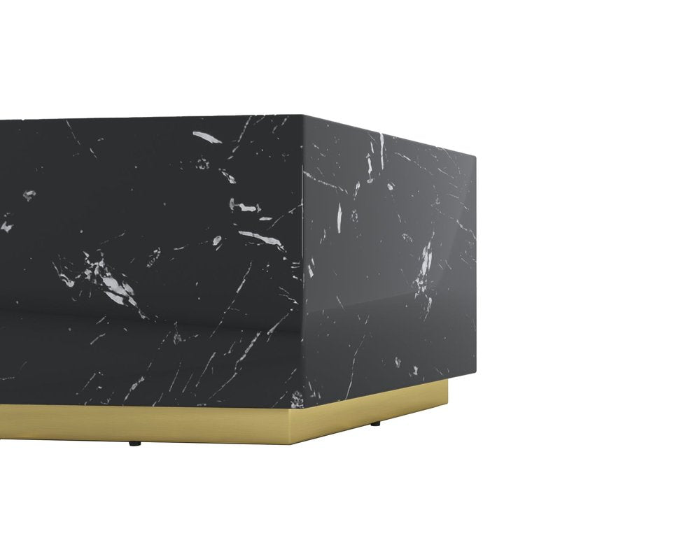 35" Black And Gold Faux Marble Hexagon Drum Coffee Table
