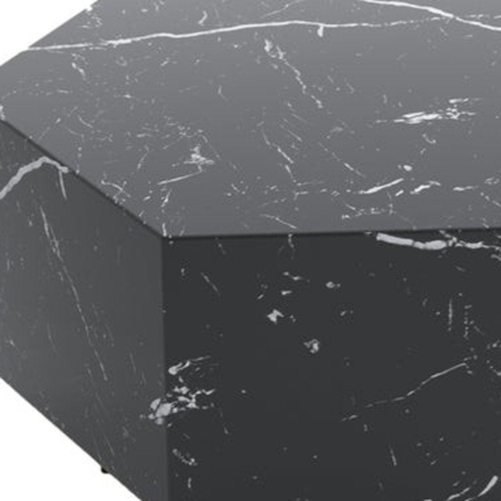 35" Black And Gold Faux Marble Hexagon Drum Coffee Table