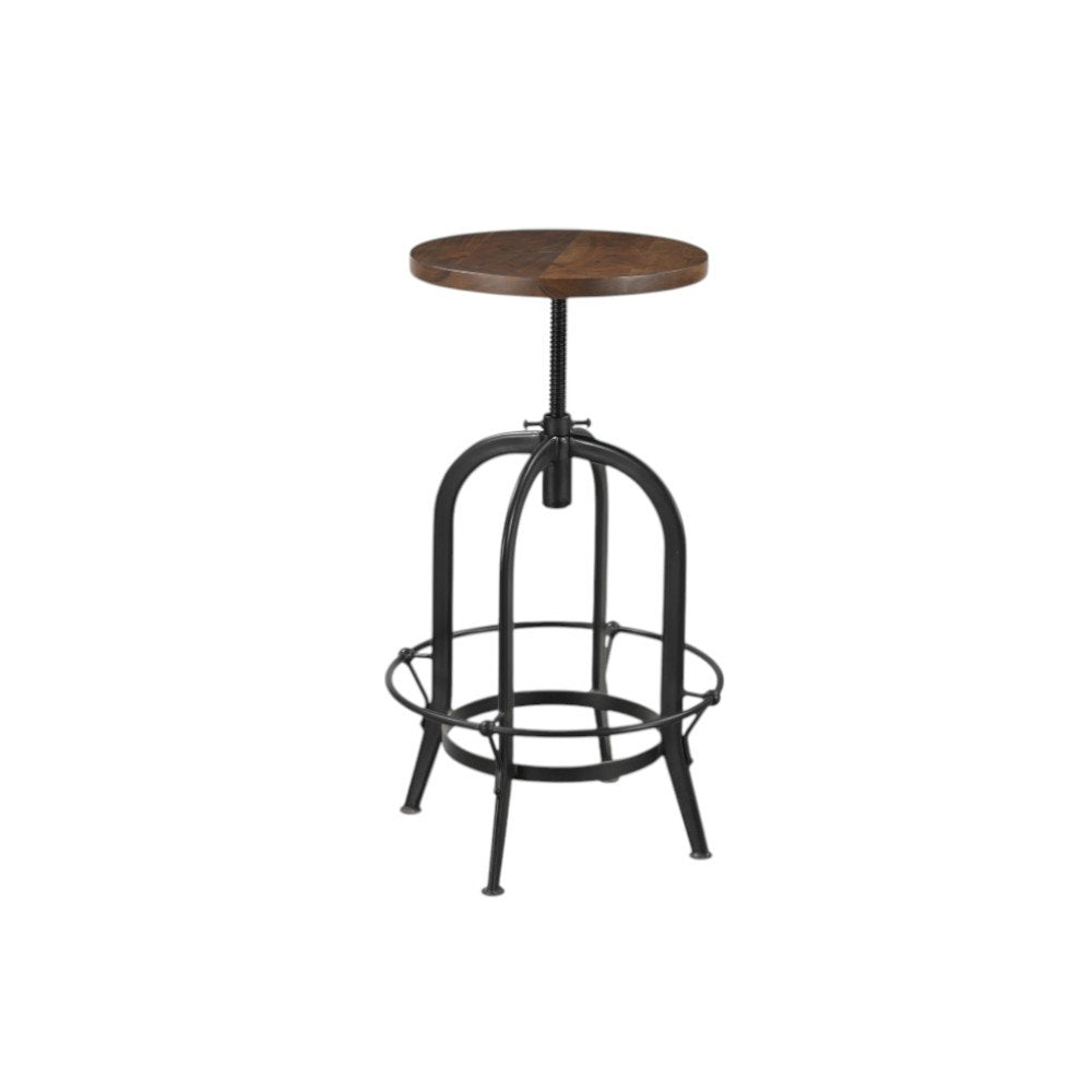 Brown and Black Solid Wood and Metal Backless Adjustable Height Swivel Bar Chair
