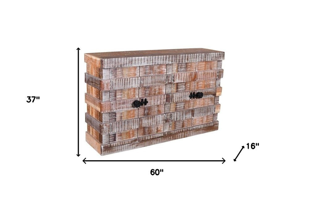 60" Brown Distressed Reclaimed Wood Ribbed Texture Sideboard with Four Doors