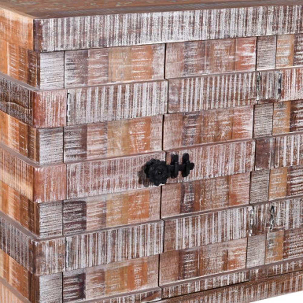 60" Brown Distressed Reclaimed Wood Ribbed Texture Sideboard with Four Doors