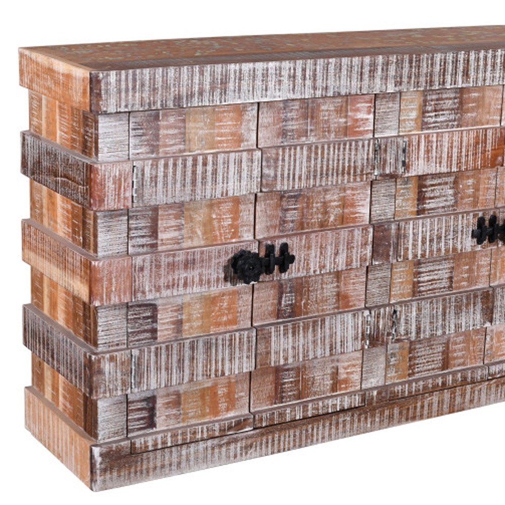 60" Brown Distressed Reclaimed Wood Ribbed Texture Sideboard with Four Doors