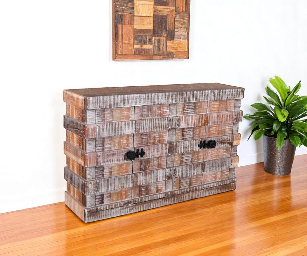 60" Brown Distressed Reclaimed Wood Ribbed Texture Sideboard with Four Doors