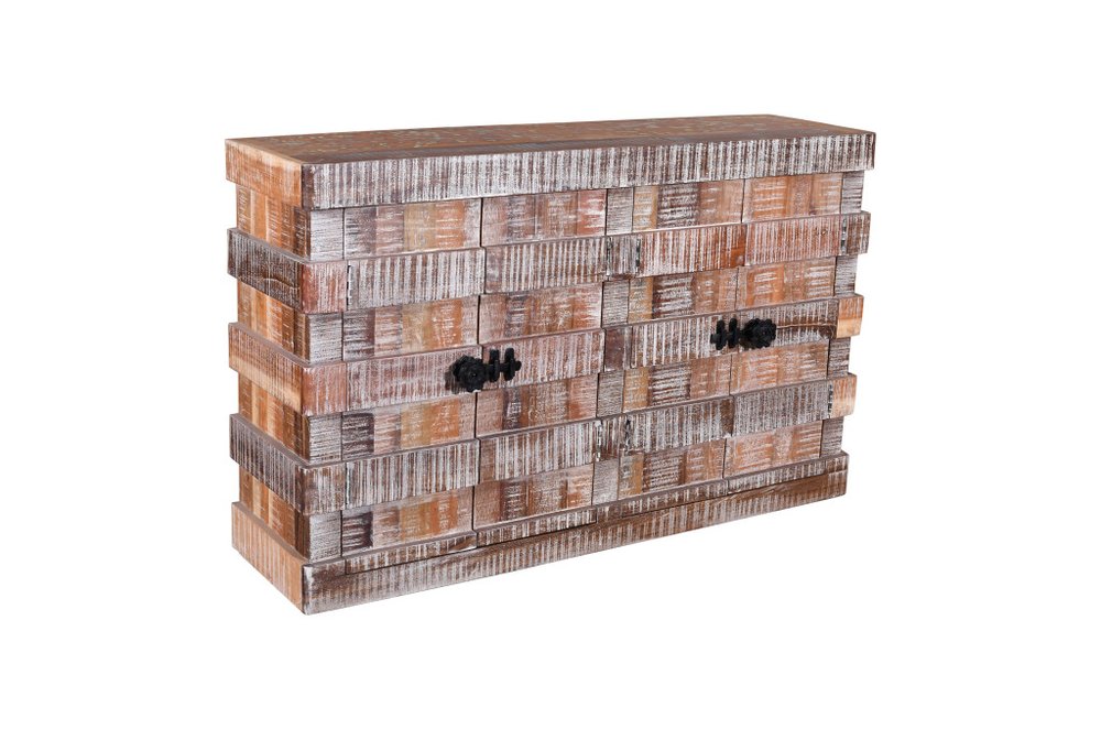 60" Brown Distressed Reclaimed Wood Ribbed Texture Sideboard with Four Doors