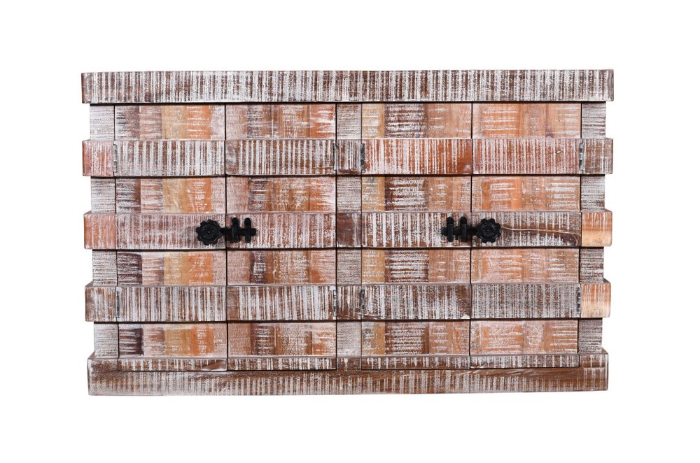 60" Brown Distressed Reclaimed Wood Ribbed Texture Sideboard with Four Doors