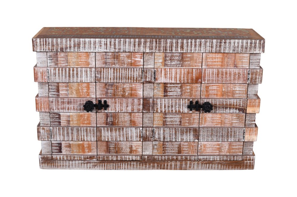 60" Brown Distressed Reclaimed Wood Ribbed Texture Sideboard with Four Doors
